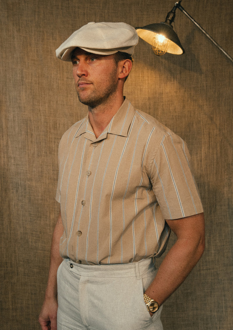 Camp Collar Short Sleeve Cotton Shirt - Brown Stripe