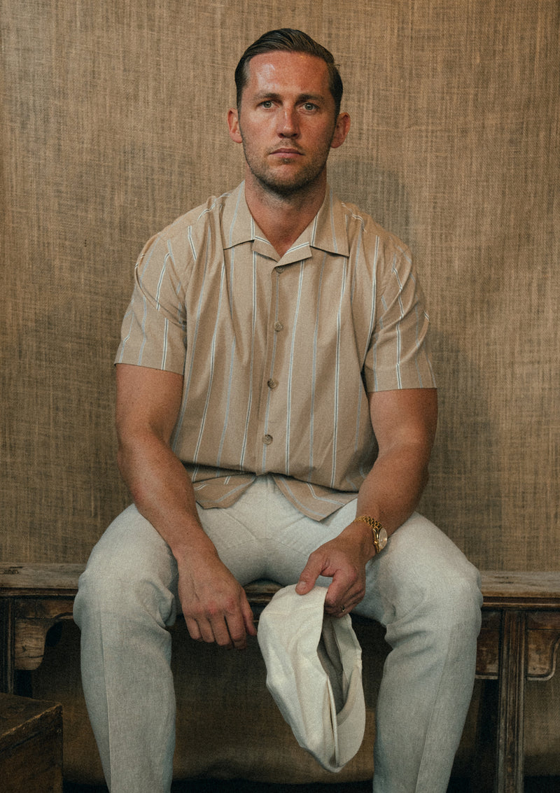 Camp Collar Short Sleeve Cotton Shirt - Brown Stripe