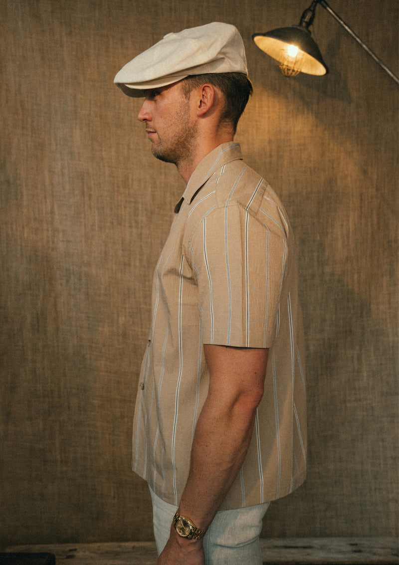 Camp Collar Short Sleeve Cotton Shirt - Brown Stripe