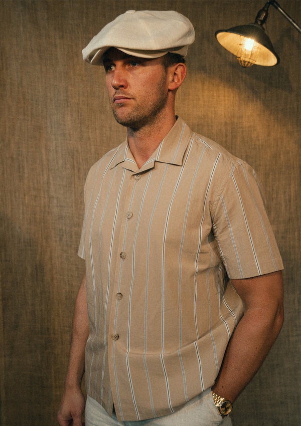 Camp Collar Short Sleeve Cotton Shirt - Brown Stripe