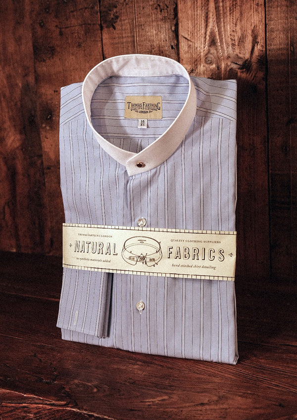 Grandad Collar Cotton Shirt - Soft Blue Pinstripe