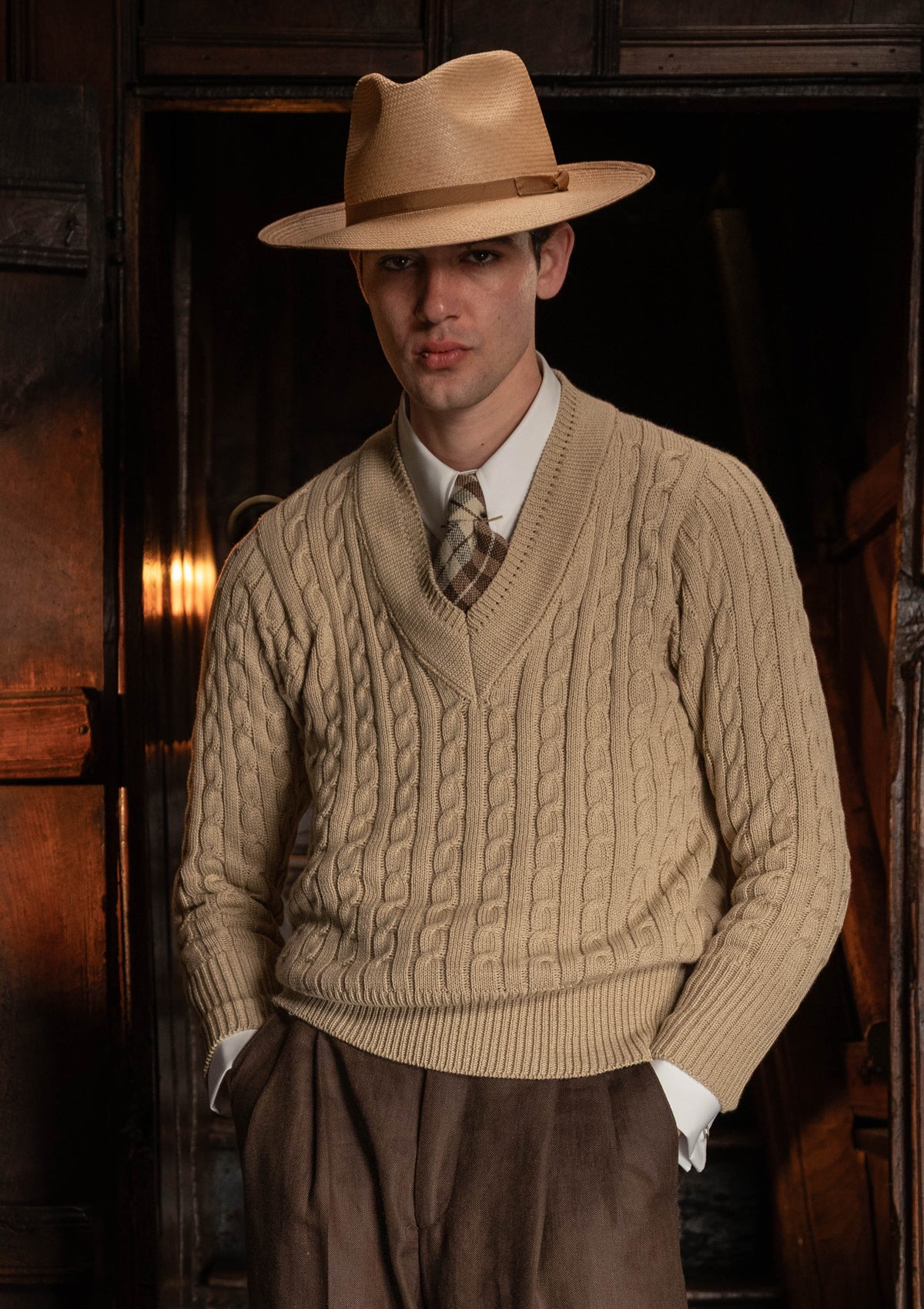 Cable Knit V-Neck Sweater - Biscuit – Thomas Farthing London
