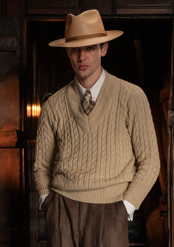 Cable Knit V-Neck Sweater - Biscuit – Thomas Farthing London