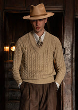 Cable Knit V-Neck Sweater - Biscuit