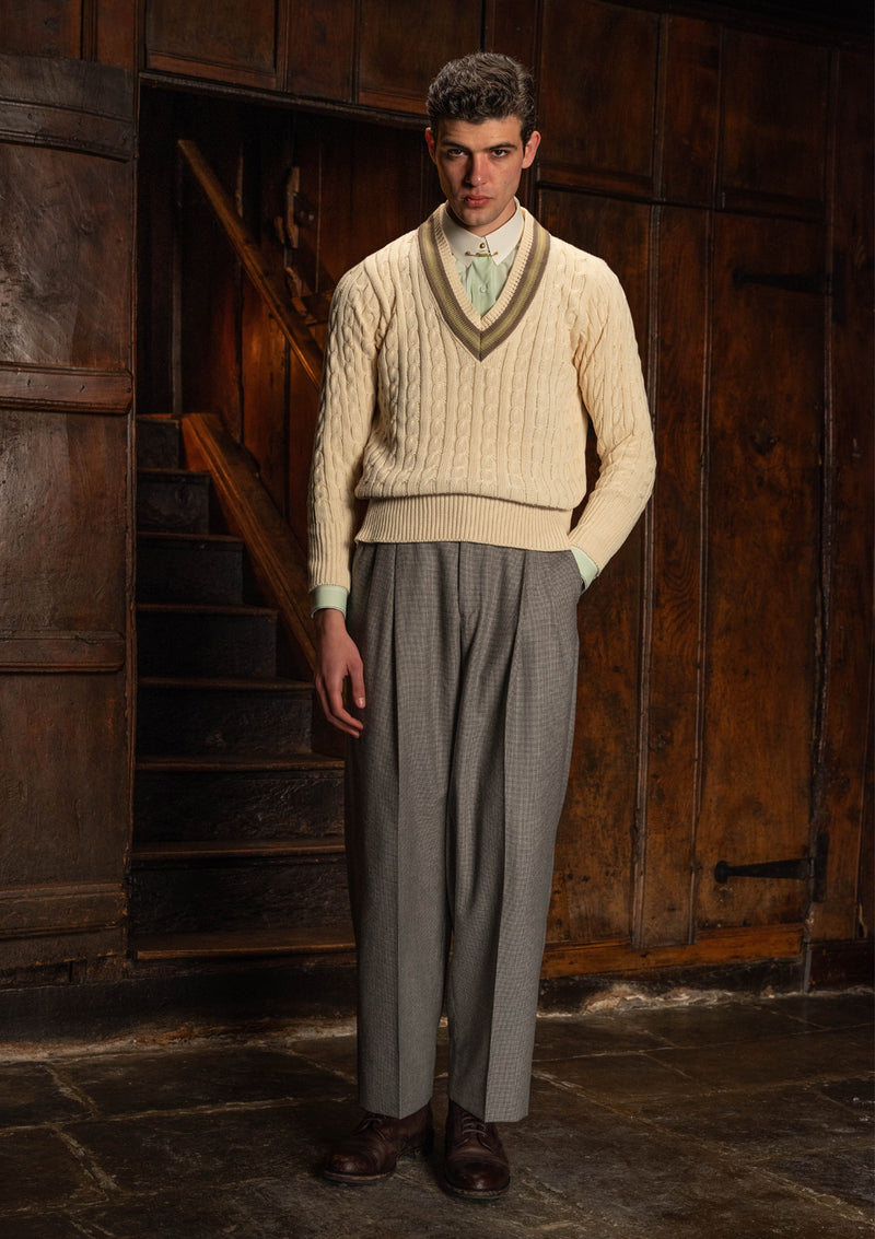 Cable Knit V-Neck Sweater - Green Clay Stripe – Thomas Farthing London