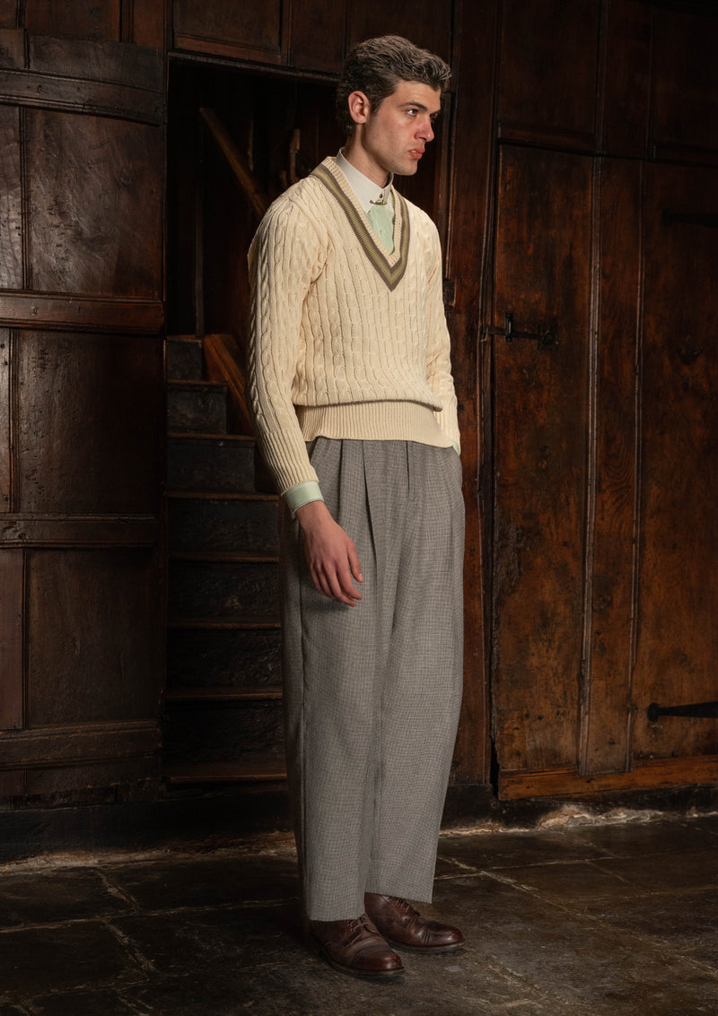 Cable Knit V-Neck Sweater - Green Clay Stripe – Thomas Farthing London