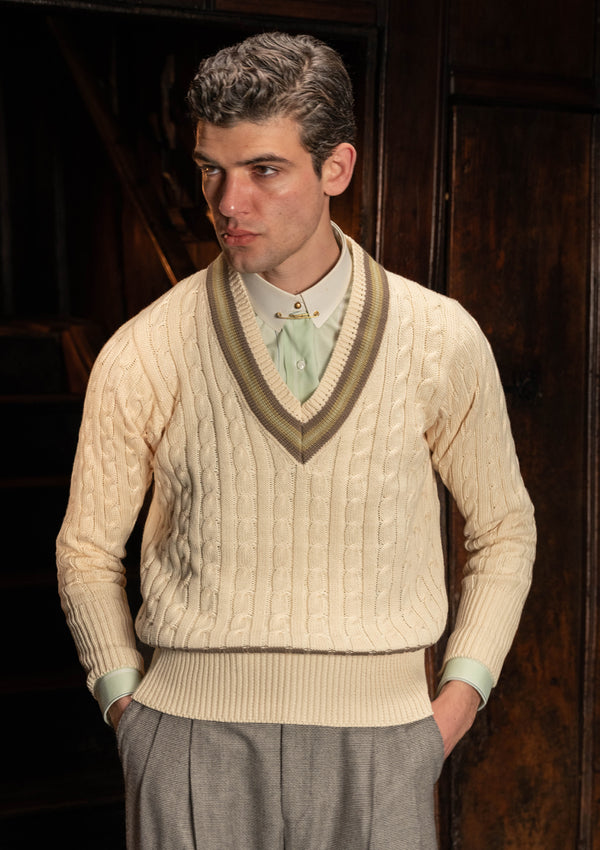Cable Knit V-Neck Sweater - Green Clay Stripe – Thomas Farthing London
