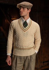 Cable Knit V-Neck Sweater - Tan Stripe