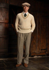 Cable Knit V-Neck Sweater - Tan Stripe