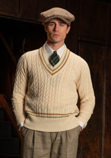 Cable Knit V-Neck Sweater - Tan Stripe