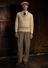 Cable Knit V-Neck Sweater - Tan Stripe
