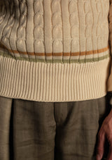 Cable Knit V-Neck Sweater - Tan Stripe