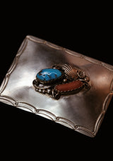 Turquoise & Coral Botanical Plaque Sterling Silver Buckle