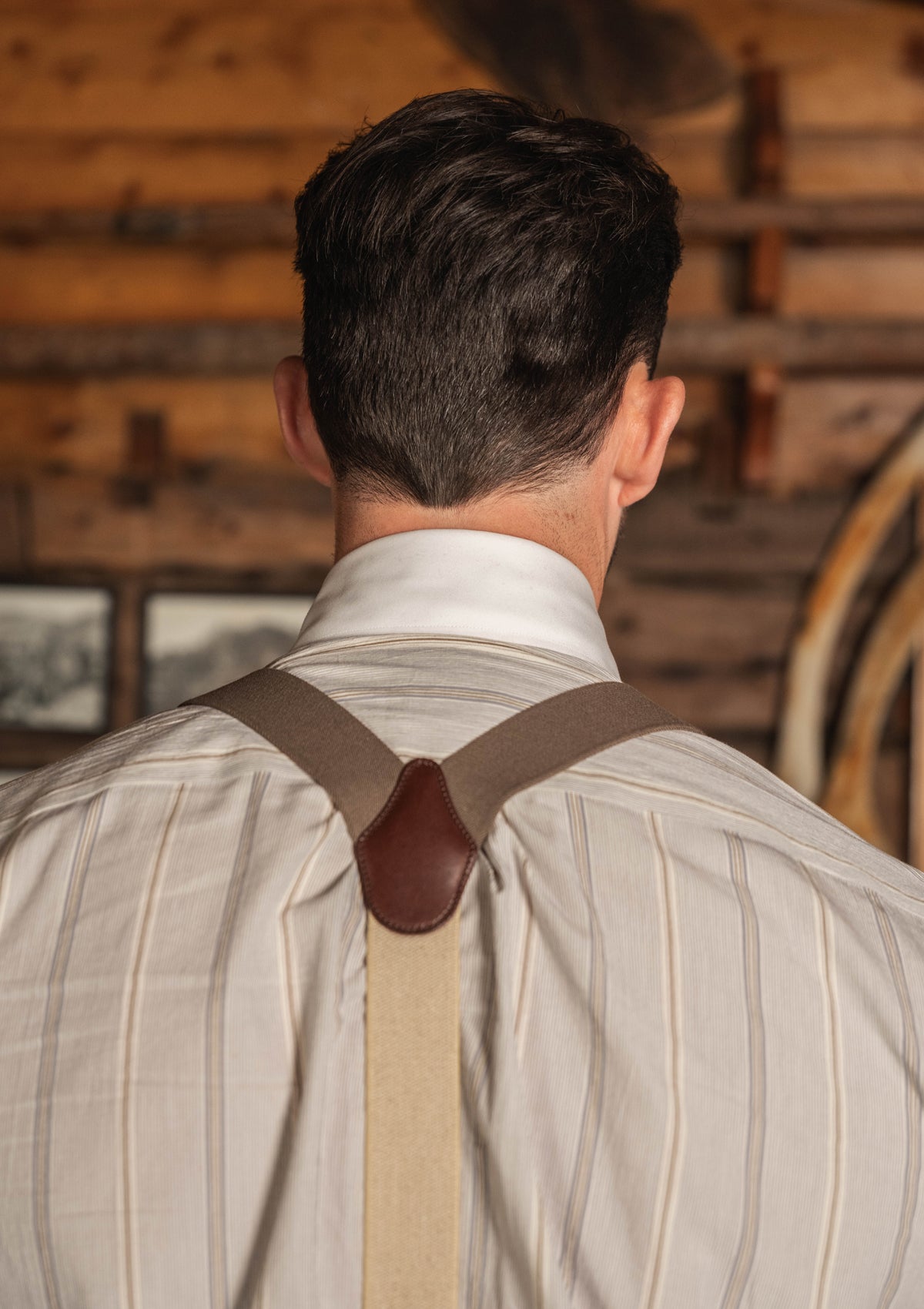Club Collar Cotton Shirt - Clay Brown Pinstripe