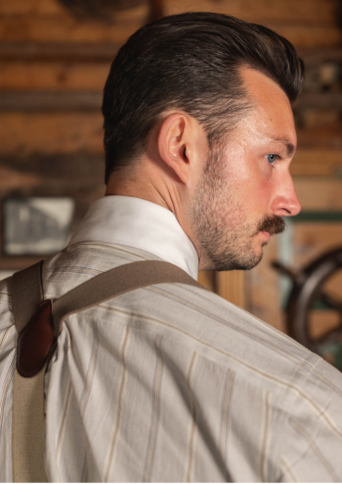 Club Collar Cotton Shirt - Clay Brown Pinstripe