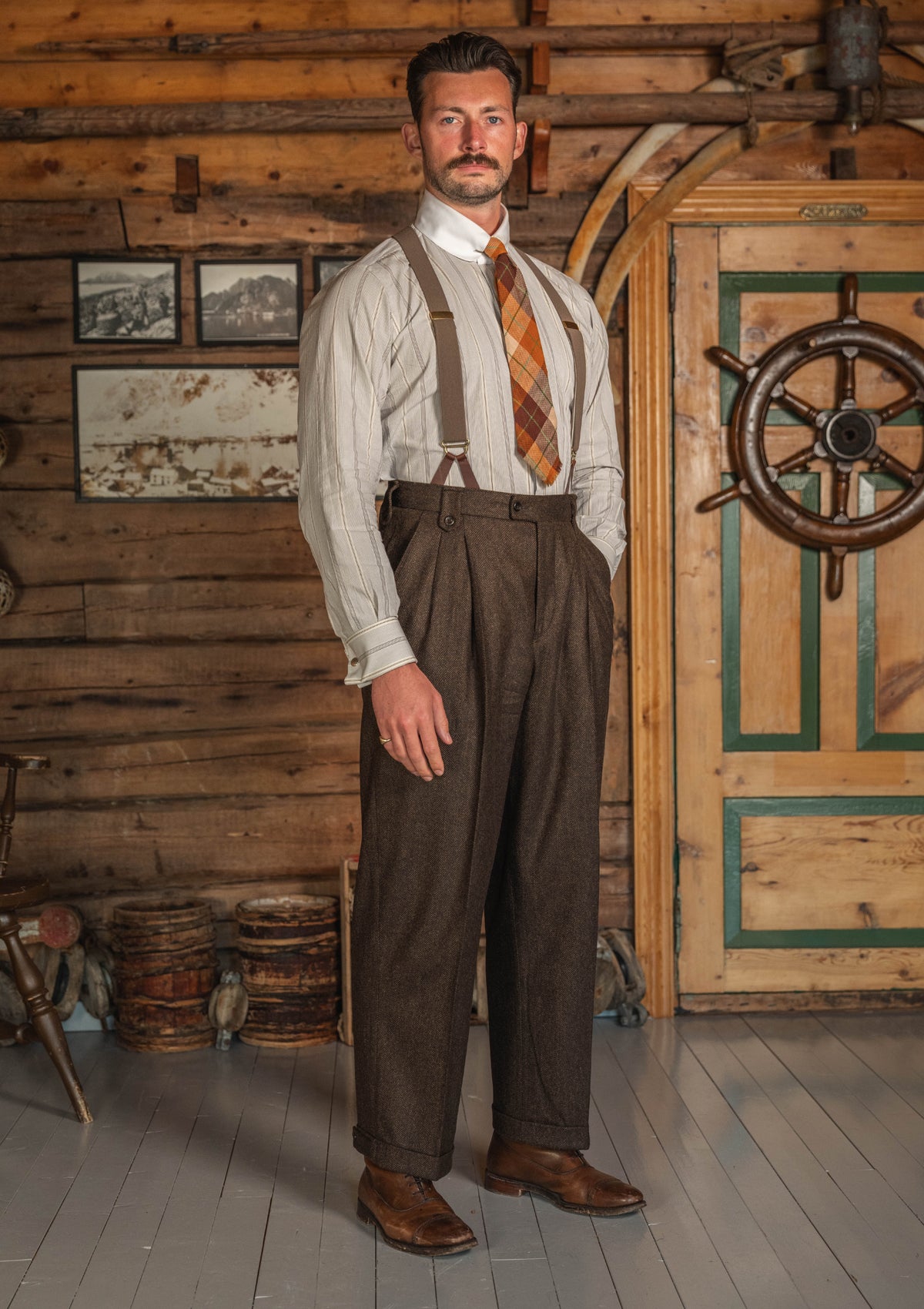 Club Collar Cotton Shirt - Clay Brown Pinstripe