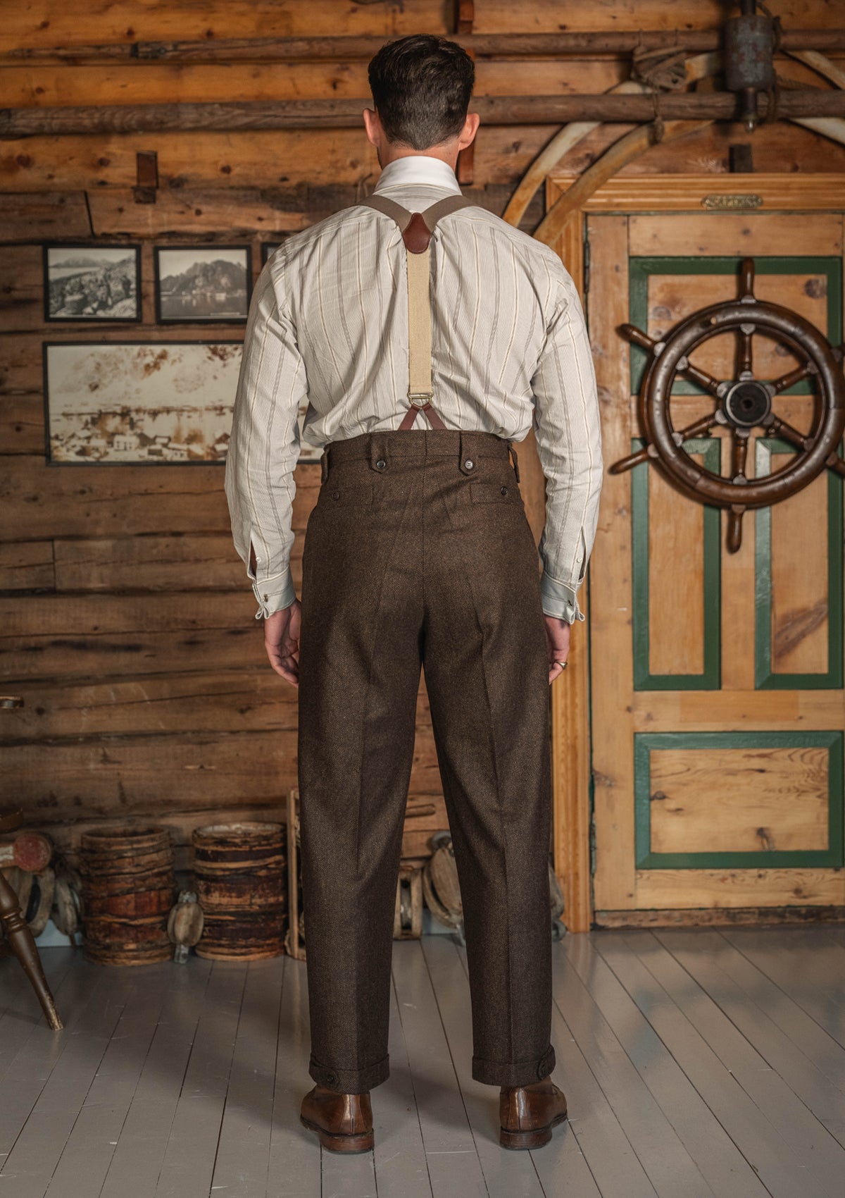 Club Collar Cotton Shirt - Clay Brown Pinstripe