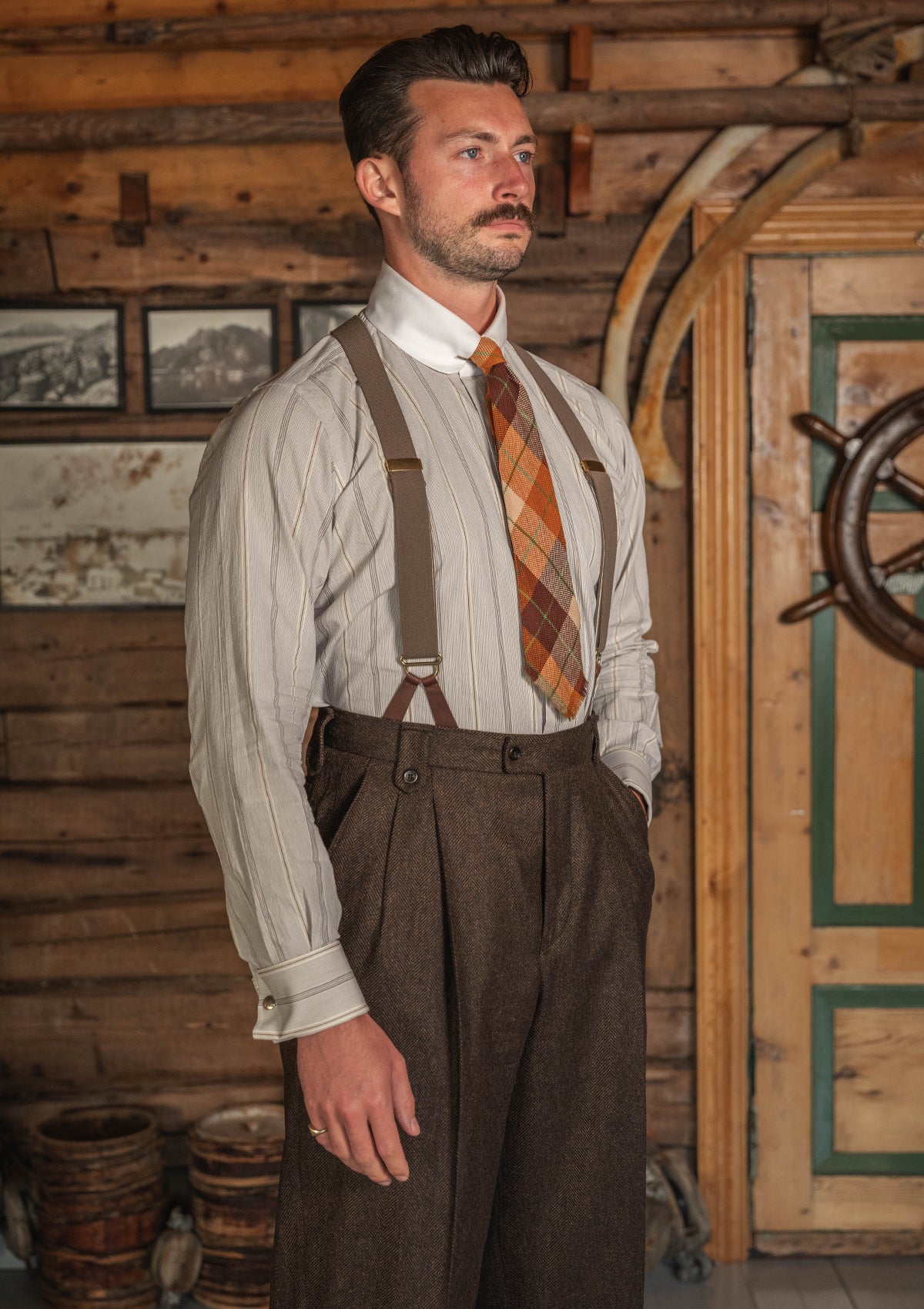 Club Collar Cotton Shirt - Clay Brown Pinstripe