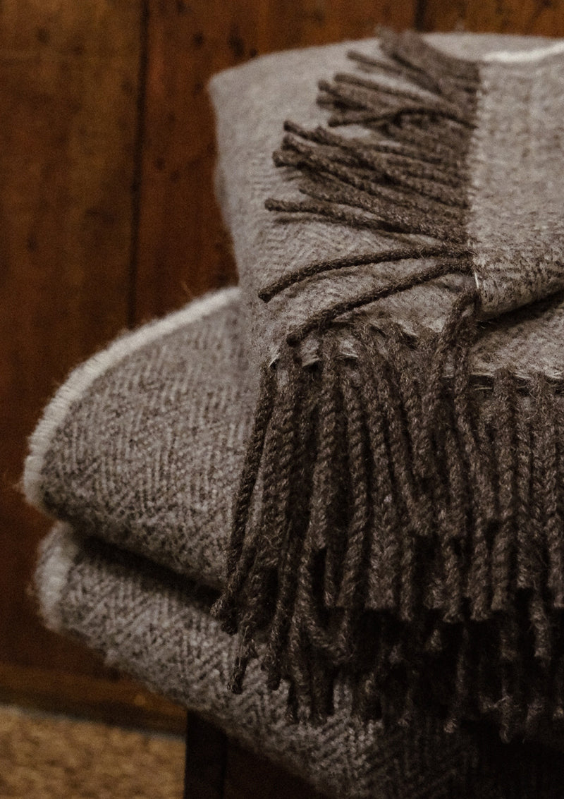 Super-soft Wool Shetland Throw - Grey Herringbone