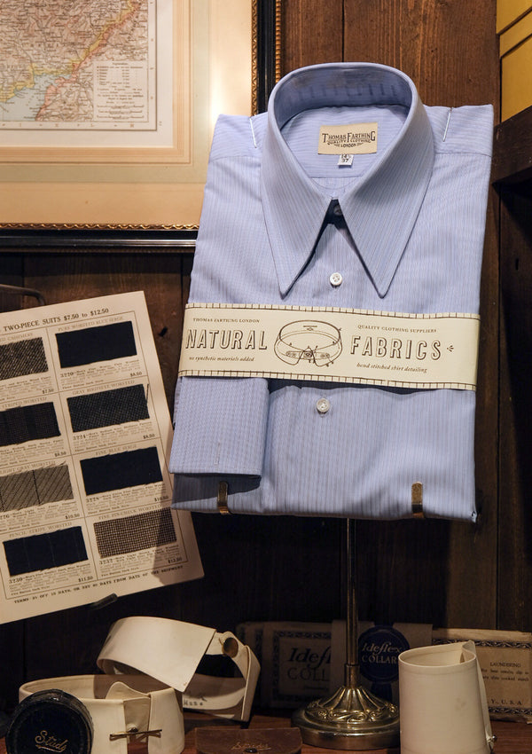 Spearpoint Cotton Shirt with Double French Cuff - Light Blue Pinstripe
